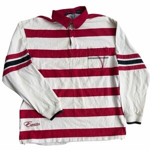 VTG Exsto Rugby Polo Shirt Red White Striped Long Sleeve 100% Cotton Men’s XL